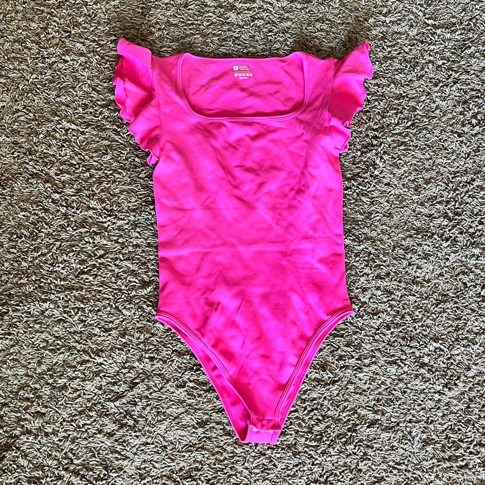NEW!! Tik Tok Viral Hot Pink One-Piece Ruffle Sleeve Bodysuit size L